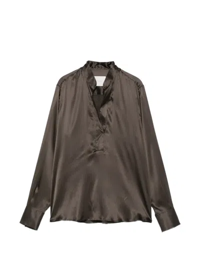 Xacus Satin-finish Long-sleeve Blouse In Brown