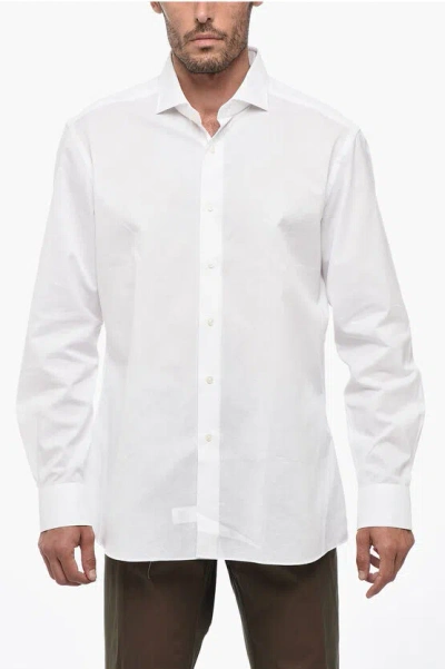 Xacus Spread Collar Solid Color Linen Blend Shirt In White