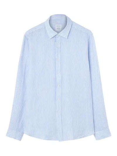 Xacus Striped Linen Shirt In Blue