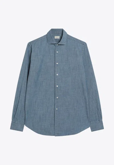 Xacus Tailor-fit Long-sleeved Denim Shirt In Blue