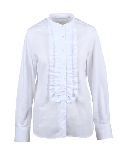 Xacus White Vertical Ruffle Mandarin Collar Cotton Shirt