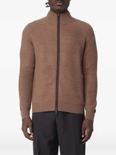 Xc Ribbed-knit Zip-up Cardigan In Brown