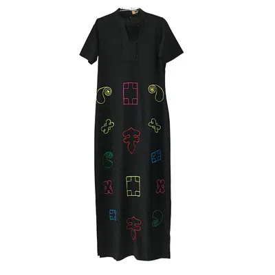 Xclamations Uk Women's Black Dazzle- Ankle Length Embellished & Embroidered Linen Dress