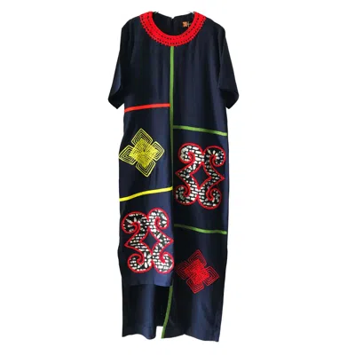 Xclamations Uk Women's Blue Moremi- Midi Length Linen Dress With Embroidery & Batik Detail
