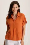 Xcvi Anders Short Sleeve Collared Top In Orange