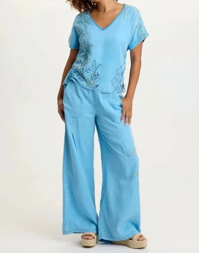 Xcvi Embroidered Dacia Twill Pleated Wide Pants In Aztec Sky In Blue