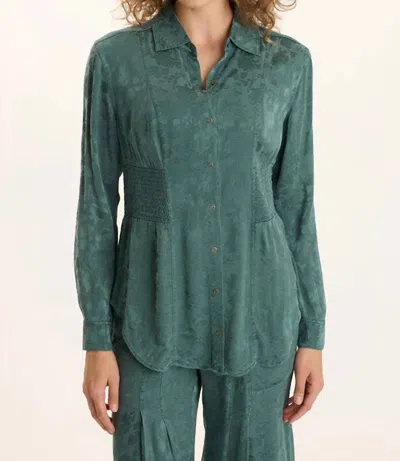 Xcvi Senneca Textured Satin Shirred Peplum Blouse In Ocean Storm Pigment In Green