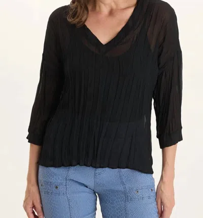Xcvi V-neck Micro-pleat 3/4-sleeve Crinkle Top In Black