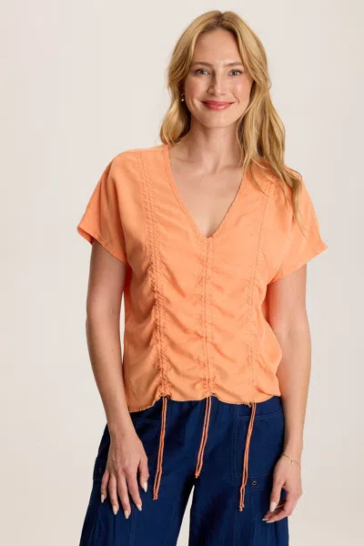 Xcvi Werner Twill Ruched Cord Relaxed V-neck Tee In Orange
