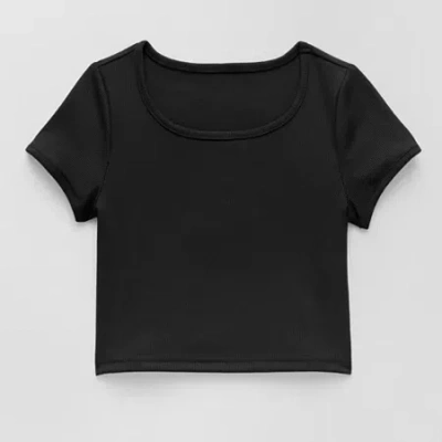 Xersion Ribbed Little & Big Kid Girls Scoop Neck Short Sleeve Active T-shirt In Black
