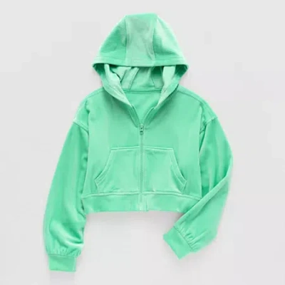 Xersion Ribbed Velour Big Kid Girls Long Sleeve Zipper Active Hoodie In Green
