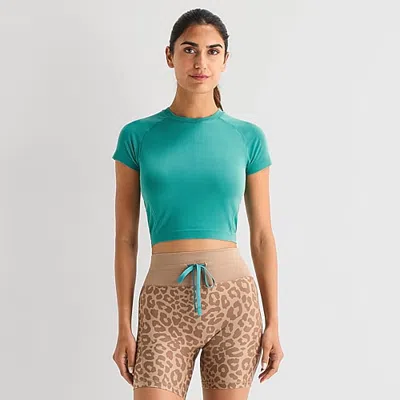 Xersion Seamless Womens Crew Neck Short Sleeve Active Crop Top In Green