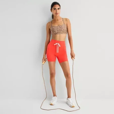 Xersion Womens 6" High Rise Stretch Fabric Drawstring Waist Quick Dry Bike Short In Orange