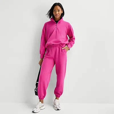 Xersion Womens Cinched Mid Rise Regular Fit Petite Fleece Sweatpant In Pink