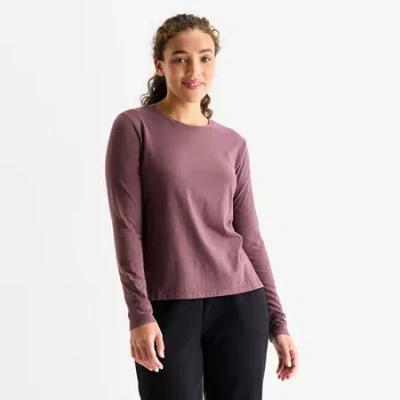Xersion Womens Cotton Crew Neck Long Sleeve T-shirt In Brown