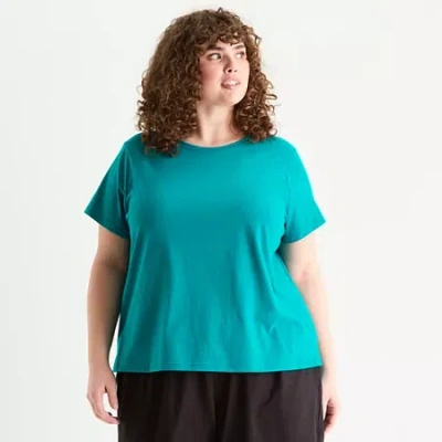Xersion Womens Cotton Crew Neck Short Sleeve T-shirt Plus In Blue