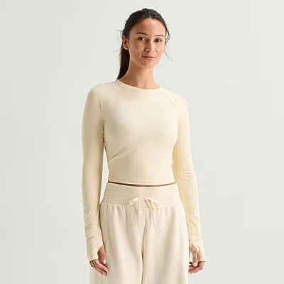 Xersion Womens Crew Neck Long Sleeve Active Crop Top In White