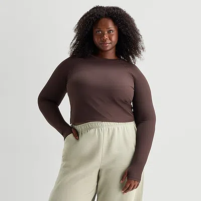 Xersion Womens Crew Neck Long Sleeve Active Plus Crop Top In Brown