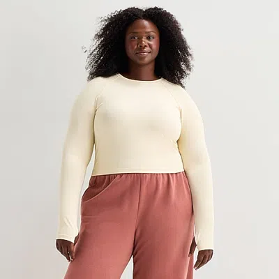 Xersion Womens Crew Neck Long Sleeve Active Plus Crop Top In White