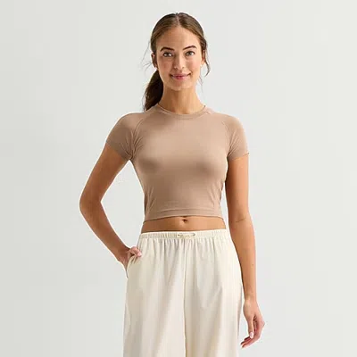 Xersion Womens Crew Neck Short Sleeve Active Crop Top In Brown
