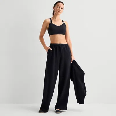 Xersion Womens Drawstring Waist Wide Leg Mid Rise Regular Fit Fleece Sweatpant In Black