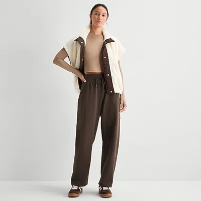 Xersion Womens Drawstring Waist Wide Leg Mid Rise Regular Fit Petite Fleece Sweatpant In Brown