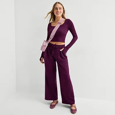 Xersion Womens Drawstring Waist Wide Leg Mid Rise Regular Fit Petite Fleece Sweatpant In Purple