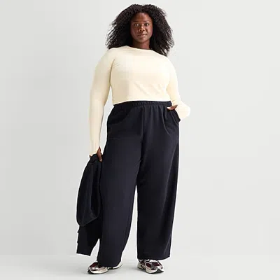 Xersion Womens Drawstring Waist Wide Leg Mid Rise Regular Fit Plus Fleece Sweatpant In Black