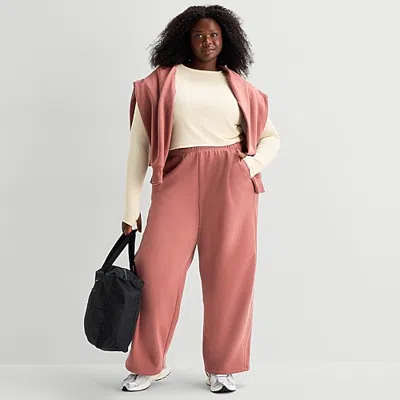 Xersion Womens Drawstring Waist Wide Leg Mid Rise Regular Fit Plus Fleece Sweatpant In Red