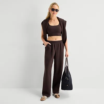 Xersion Womens Drawstring Waist Wide Leg Mid Rise Regular Fit Tall Fleece Sweatpant In Brown