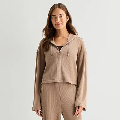 Xersion Womens Long Sleeve Zipper Active Hoodie In Brown