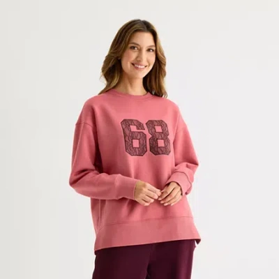 Xersion Womens Oversized Super Soft Fleece Graphic Crewneck Sweatshirt In Pink