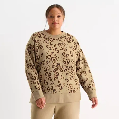 Xersion Womens Oversized Super Soft Fleece Graphic Crewneck Sweatshirt Plus In Brown