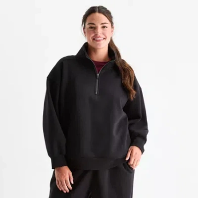 Xersion Womens Oversized Super Soft Fleece Half Zip Pullover Plus In Black