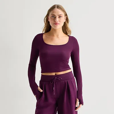 Xersion Womens Scoop Neck Long Sleeve Active Crop Top In Purple