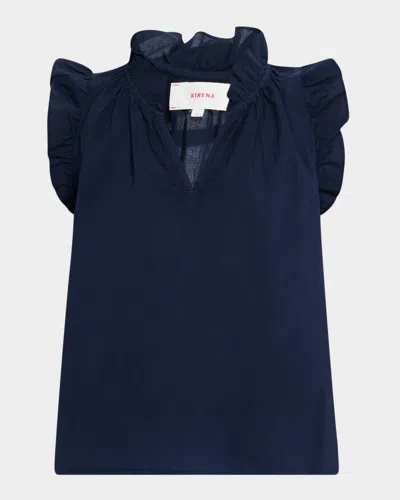 Xirena Bex Ruffle-trim Split-neck Top In Navy