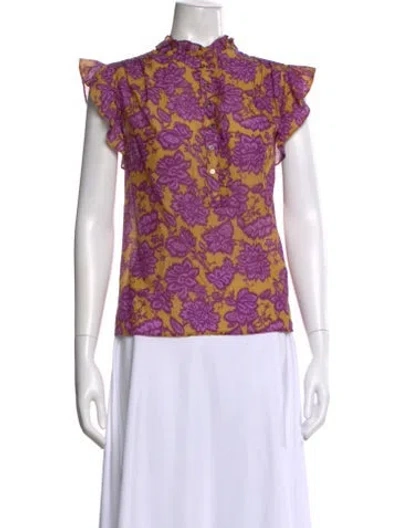Pre-owned Xirena Floral Print Mock Neck Button-up Top In Purple