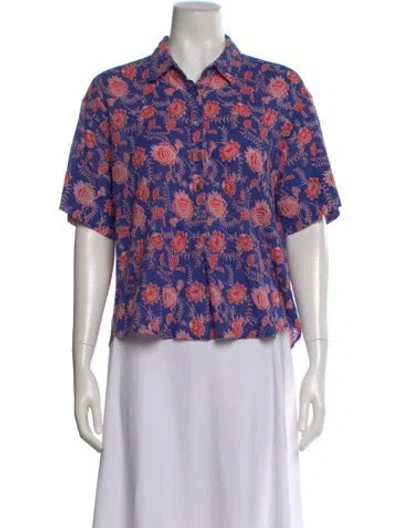 Pre-owned Xirena Floral Print Short Sleeve Blouse In Blue