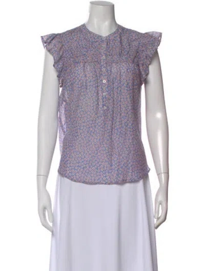 Pre-owned Xirena Floral Print Short Sleeve Blouse In Blue