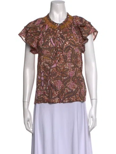 Pre-owned Xirena Floral Print Short Sleeve Blouse In Brown