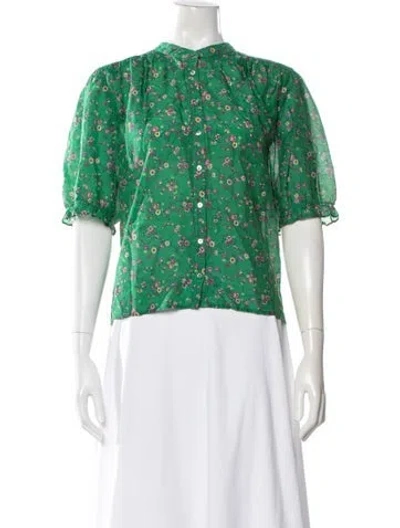 Pre-owned Xirena Floral Print Short Sleeve Blouse In Green