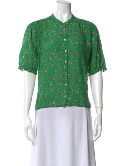 Pre-owned Xirena Floral Print Short Sleeve Blouse In Green