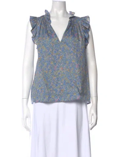 Pre-owned Xirena Floral Print V-neck Blouse In Blue