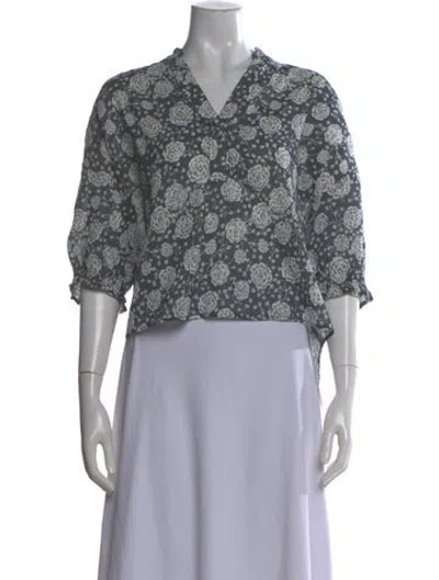 Pre-owned Xirena Floral Print V-neck Blouse In Blue