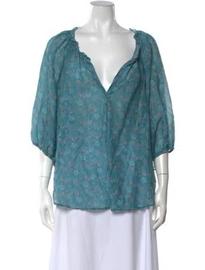 Pre-owned Xirena Floral Print V-neck Blouse In Blue
