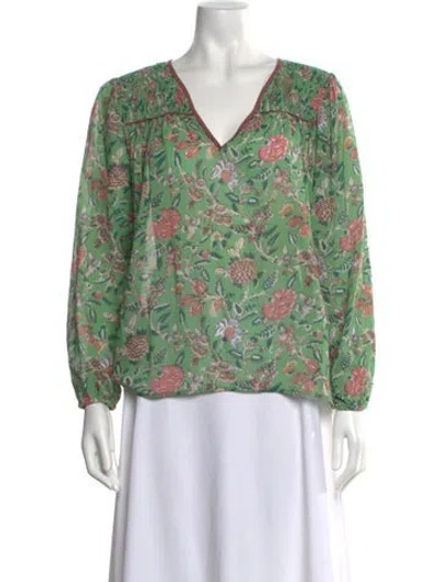 Pre-owned Xirena Floral Print V-neck Blouse In Green