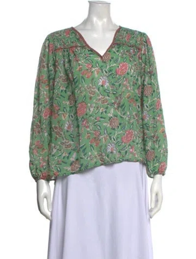 Pre-owned Xirena Floral Print V-neck Blouse In Green