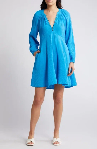 Xirena Lucinda Long Sleeve Cotton Gauze Minidress In Azure Glow