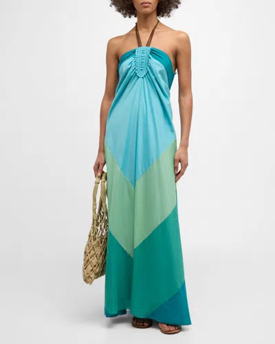 Xirena Mayla Backless Colorblock Halter Maxi Dress In Aqua Wave