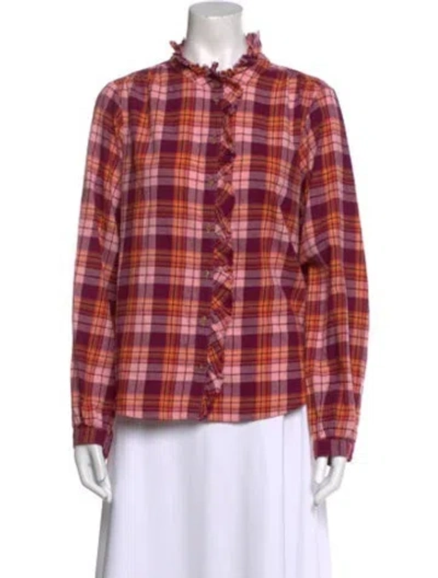 Pre-owned Xirena Plaid Print Mock Neck Button-up Top In Pink